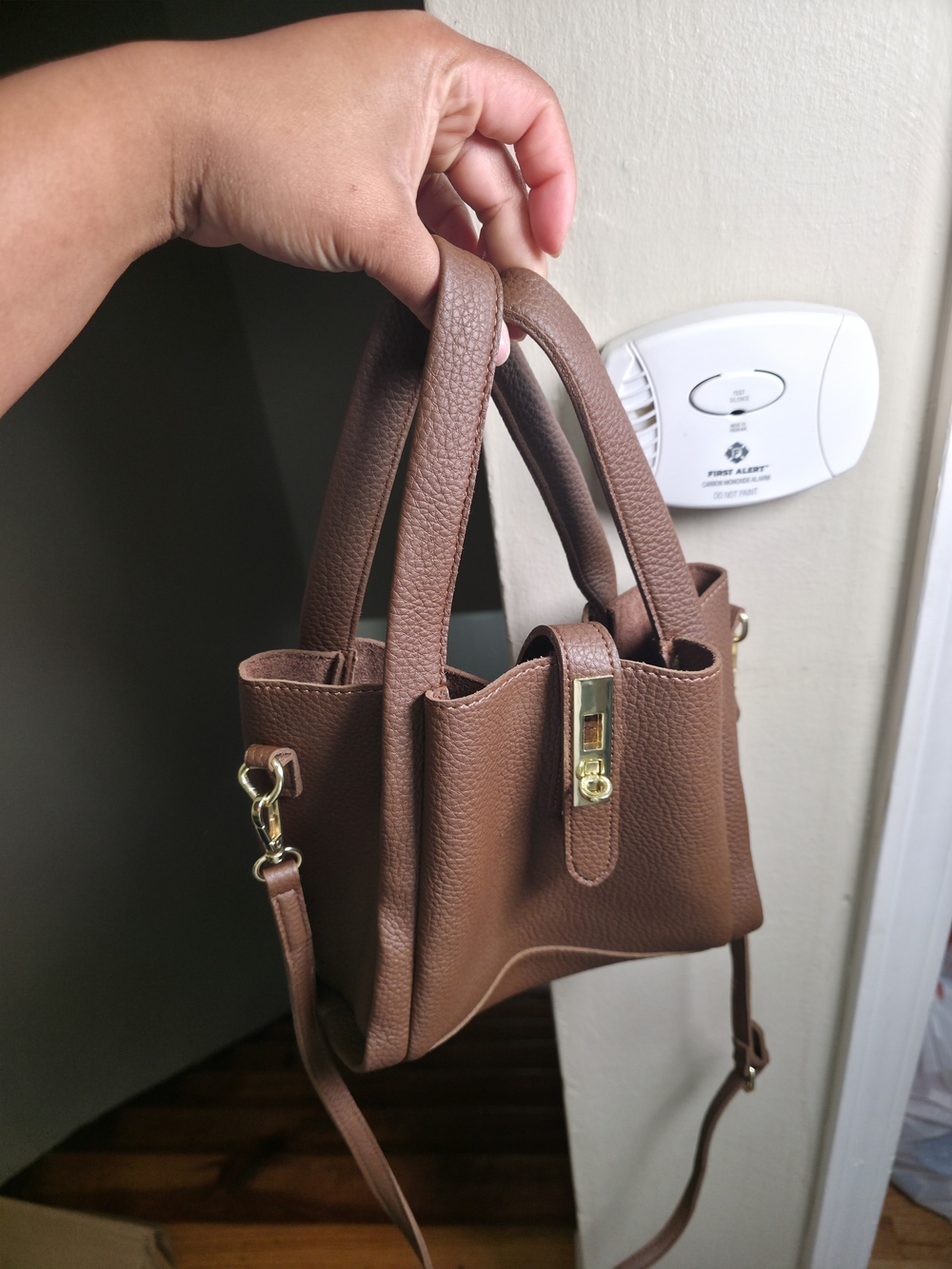 Brown Pebbled Leatherette Mini Tote Bag with Gold Hardware